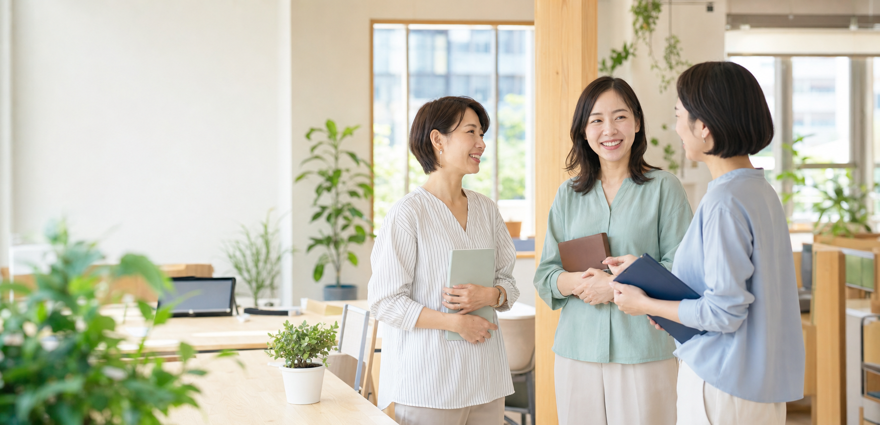 明るい職場でスタッフが自然に会話している様子