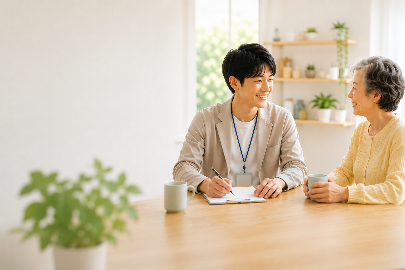 自然な雰囲気で相談しているスタッフと利用者